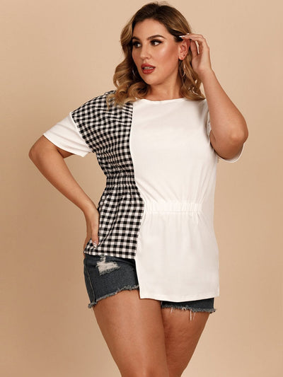 Plus Size Gingham Color Block Asymmetrical T-Shirt White / XL