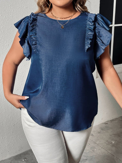 Plus Size Round Neck Flounce Sleeve Frill Trim Blouse - Effortless Elegance for Confident Curves Navy / 1XL