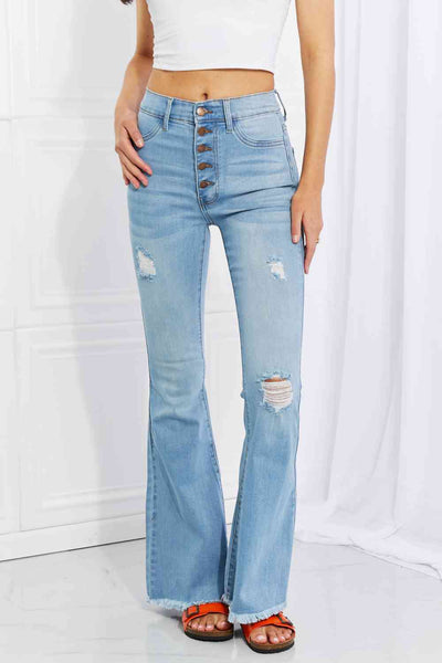 Radiant Vibes: Vibrant MIU Jess Button Flare Jeans – Statement-Making Flair for Every Occasion Pants Light / 1(25)