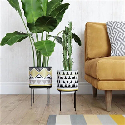 Retro Charm: Mid-Century Modern Round Ceramic Planters with Metal Stand - Elevate Your Greenery with Style