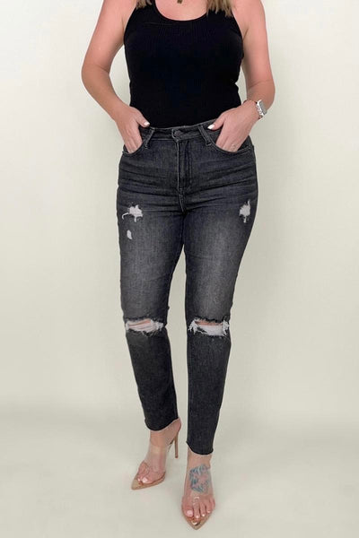 RISEN High Rise Slim Straight Cropped Raw Hem Jeans – Effortless Chic for Casual Eleganc Jeans Dark Grey / 0