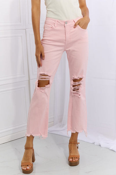 RISEN Miley Full Size Distressed Ankle Flare Jeans in Pink – Edgy Distressing for Playful Fashion Statements - mississippihippieco RISEN Miley Full Size Distressed Ankle Flare Jeans in Pink – Edgy Distressing for Playful Fashion Statements
