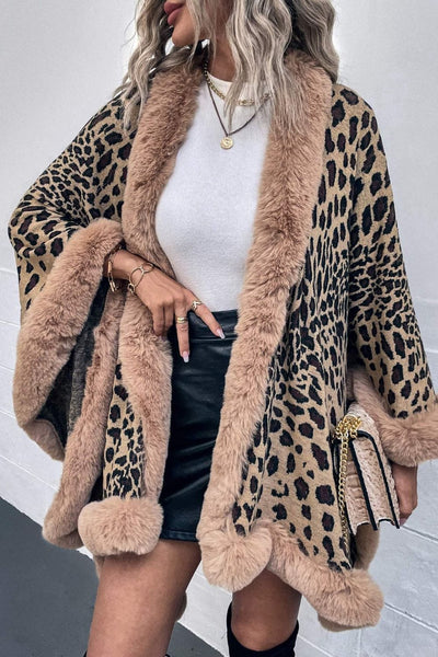 Roaring in Style: Embrace the Wild with our Leopard Open Front Poncho Camel / One Size