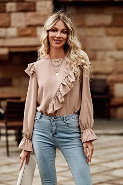 Ruffled Round Neck Long Sleeve Top Tan / S