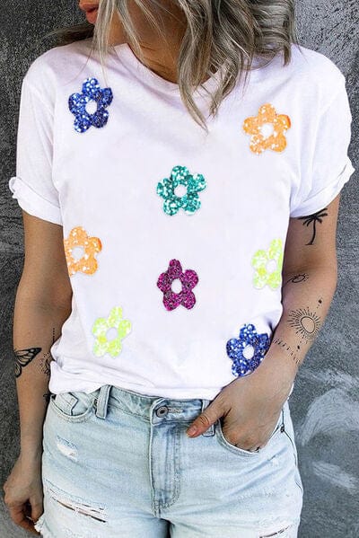Sparkling Sequin Flower Round Neck Tee - A Touch of Glamour - mississippihippieco Sparkling Sequin Flower Round Neck Tee - A Touch of Glamour