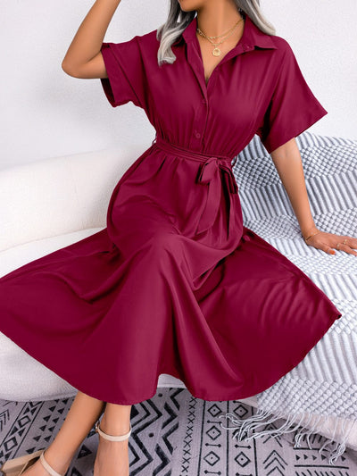 Short Sleeve Collared Tie Belt Dress Wine / S