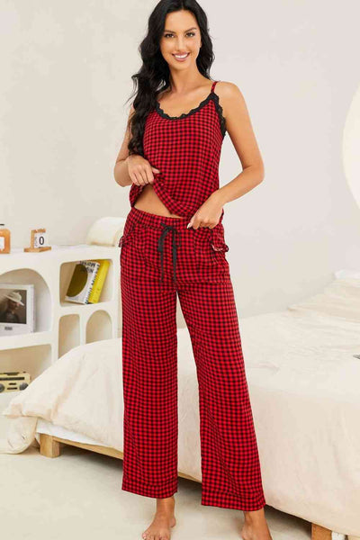✨ Sleep in Style: Plaid Lace Trim Cami and Drawstring Pants Satin Pajama Set 🌙 #DreamyComfort #PlaidChic Plaid / S