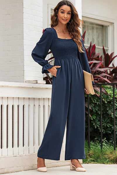Smocked Long Flounce Sleeve Square Neck Jumpsuit French Blue / S