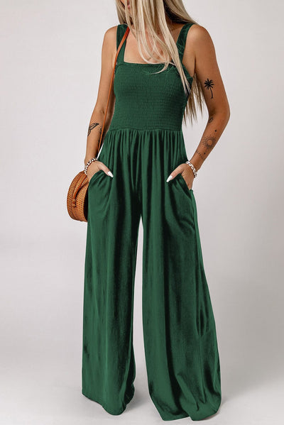 Smocked Elegant Square Neck Women's Jumpsuit with Pockets - Timeless Class in Every Detail - mississippihippieco Smocked Elegant Square Neck Women's Jumpsuit with Pockets - Timeless Class in Every Detail