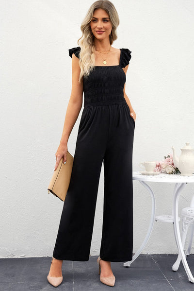 Smocked Square Neck Wide Leg Jumpsuit with Pockets - Mississippi Hippie Co's Casual Chic Delight! Black / S