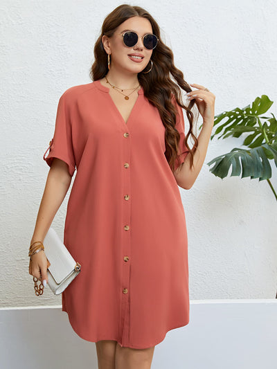 Sophisticated Curves: Plus Size Buttoned Notched Neck Shift Dress - Effortless Elegance for Every Occasion