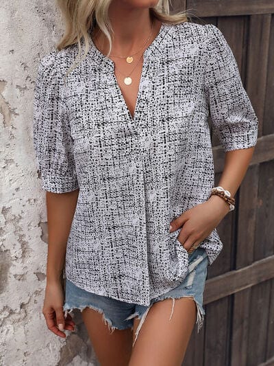 Sophisticated Simplicity: Printed Notched Half Sleeve Blouse for the Modern Woman - mississippihippieco Sophisticated Simplicity: Printed Notched Half Sleeve Blouse for the Modern Woman