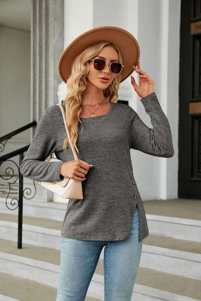 Square Neck Long Sleeve Slit T-Shirt Charcoal / S