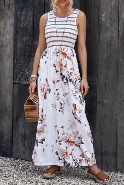 Elegant Striped Floral Round Neck Sleeveless Maxi Dress - Blossom in Style - mississippihippieco Elegant Striped Floral Round Neck Sleeveless Maxi Dress - Blossom in Style