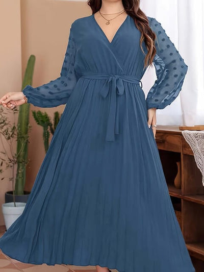 Swiss Dot Dream: Plus Size Swiss Dot Tie Waist Pink Maxi Dress - Effortless Elegance for Confident Curves Peacock  Blue / 1XL