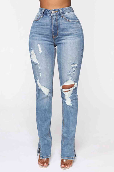 Timeless Appeal: Vintage Style Distressed Slit Jeans – Retro-Chic with a Modern Edge Pants Light / S