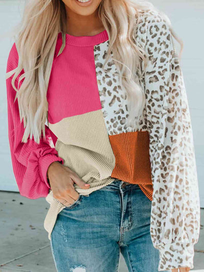 Trending Women's Fashion Blouses Color Block Leopard  Sweatshirt 0 Strawberry / S
