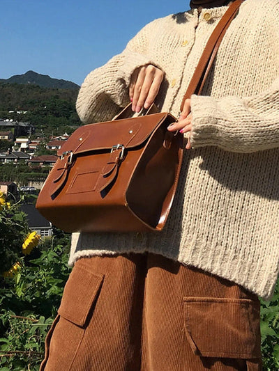 Unisex Vintage-Style Black Leather Crossbody Bag Chocolate