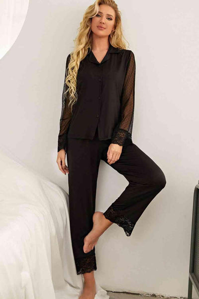 Unwind in Style: Explore Our Spliced Lace Lapel Collar Pajama Set for Luxurious Comfort Black / S