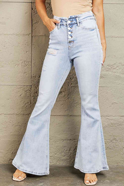 Vintage Vibes: BAYEAS High Waisted Button Fly Flare Jeans – Retro Chic for Timeless Style Light / 22