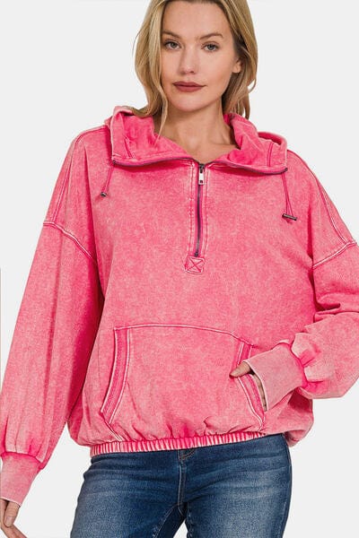 Zenana Drawstring Half Zip Dropped Shoulder Hoodie FUCHSIA / S